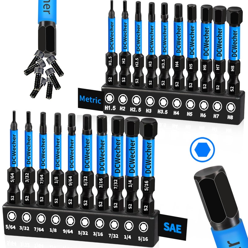 DCWecher 20-PCS Allen Key/Allen Wrench Drill Bit Set, Impact Hex Bits (Metric & SAE) 2 Inch Long, Premium S2 Steel, 1/4'' Hex - Shank, Magnetic Head, for DIY Furniture Assembly & Car Repairs, by DCWecher - Image 1