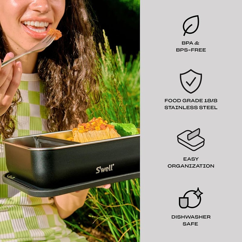 S'well Stainless Steel Bento Box, Onyx, Fits One Large Entree Or Small Entree And Snack, Includes Removable Divider, Leakproof, Easy to Clean, Dishwasher Safe - Image 2