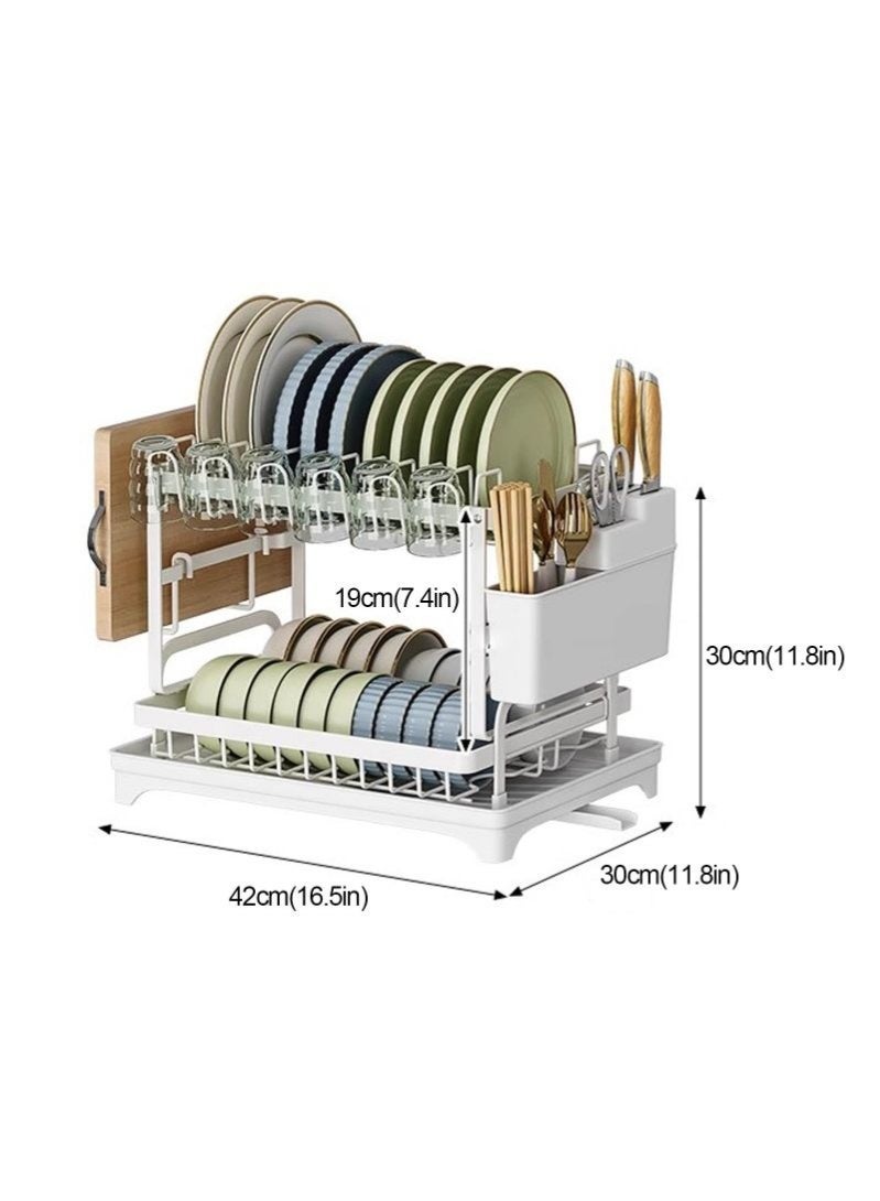 رف تجفيف أطباق فولاذ مقاوم للصدأ، منظم مطبخ يوفر المساحة، مع حامل أدوات وأكواب وصينية تصريف، متعدد الوظائف (أبيض) - Image 2