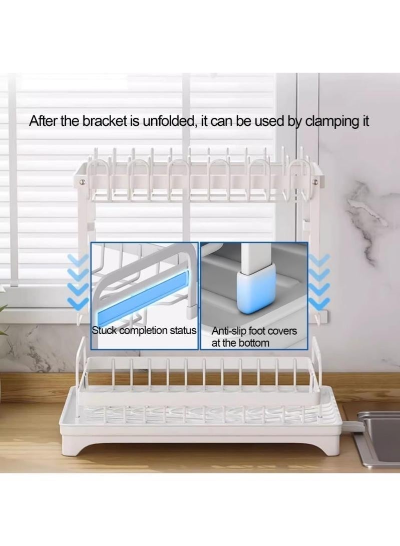 رف تجفيف أطباق فولاذ مقاوم للصدأ، منظم مطبخ يوفر المساحة، مع حامل أدوات وأكواب وصينية تصريف، متعدد الوظائف (أبيض) - Image 5