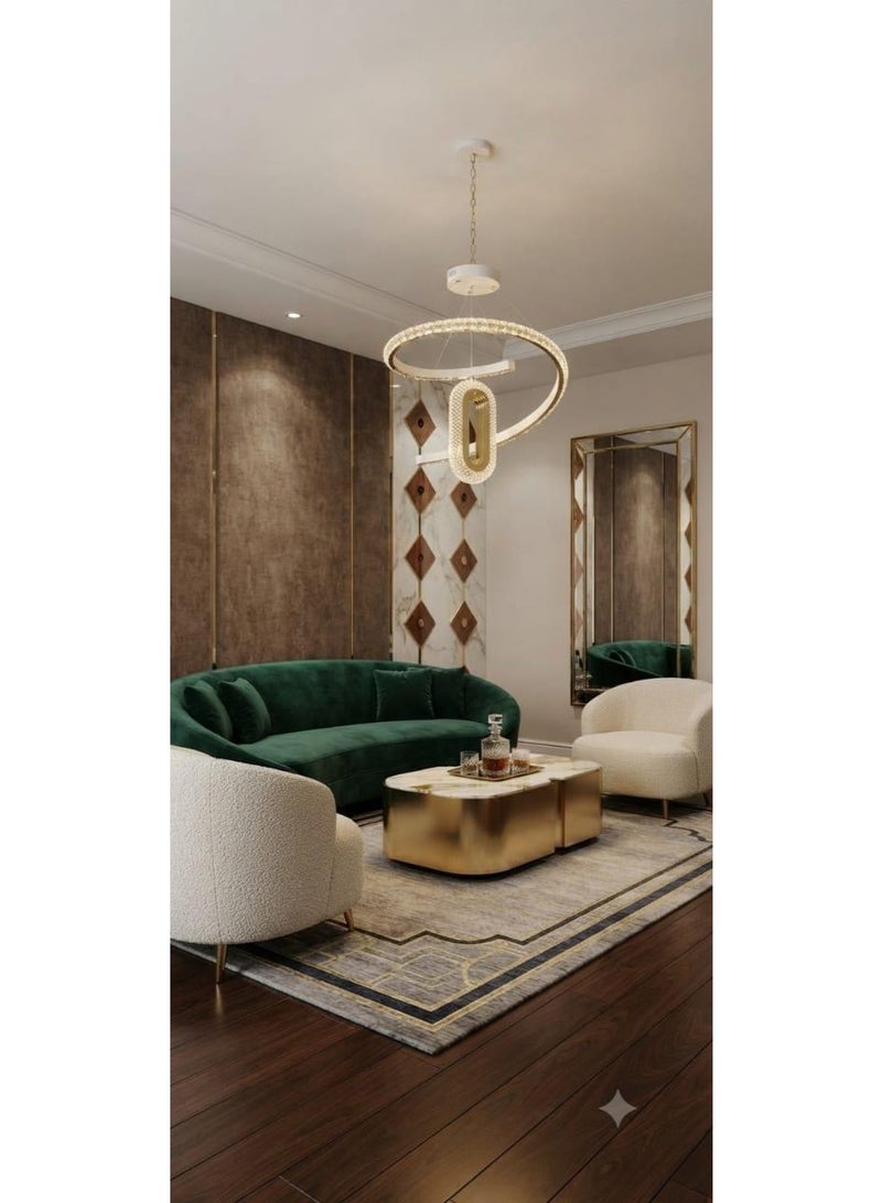 نجفة ليد (LED) مودرن بتصميم حلزوني متداخل باللون الأبيض النقي مع كريستال مضيء وتطعيمات ذهبية - Image 2