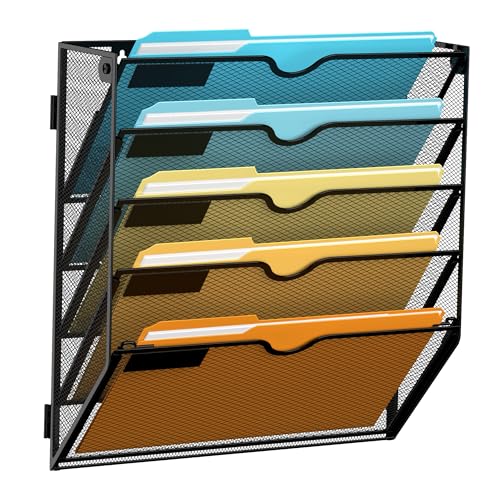SUPEASY 5 Tier Wall File Organizer Hanging Wall Mounted Mail Organizer with Label Slots Metal Mesh File Holder Magazine Rack for Office Home School or Classroom Black - Image 1