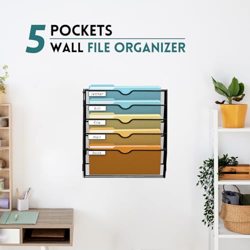 SUPEASY 5 Tier Wall File Organizer Hanging Wall Mounted Mail Organizer with Label Slots Metal Mesh File Holder Magazine Rack for Office Home School or Classroom Black - Image 3