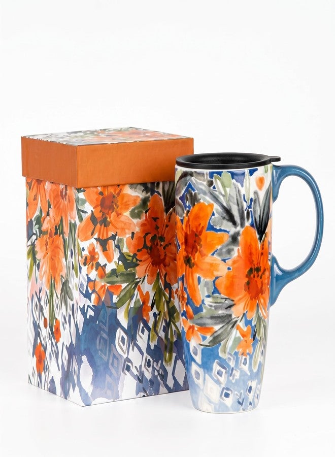 DUSVALLY Coffee Ceramic Mug Travel Coffee Mug Porcelain Latte Tea Cup With Lid and Color Box 17oz.Orange Flower - Image 1