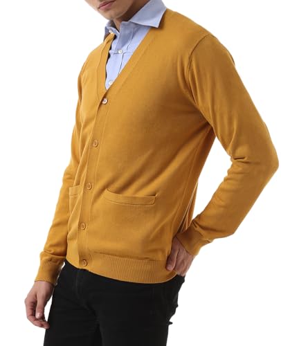 QUALFORT Men's Cardigan 100% Cotton Sweater V-Neck Button Down Knitted Outerwear with Pockets Fashion 2025 Mustard Large - Image 5