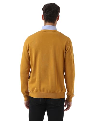 QUALFORT Men's Cardigan 100% Cotton Sweater V-Neck Button Down Knitted Outerwear with Pockets Fashion 2025 Mustard Large - Image 3