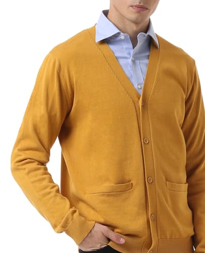 QUALFORT Men's Cardigan 100% Cotton Sweater V-Neck Button Down Knitted Outerwear with Pockets Fashion 2025 Mustard Large - Image 4