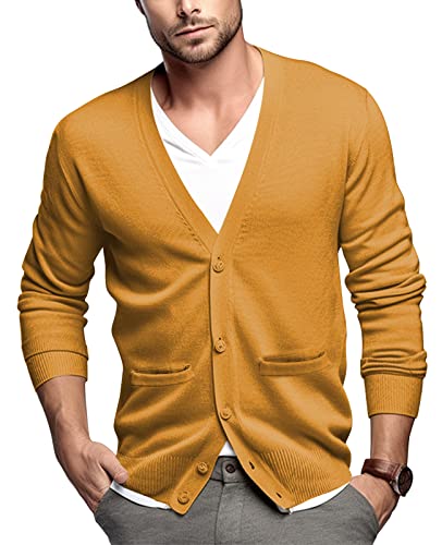 QUALFORT Men's Cardigan 100% Cotton Sweater V-Neck Button Down Knitted Outerwear with Pockets Fashion 2025 Mustard Large - Image 1
