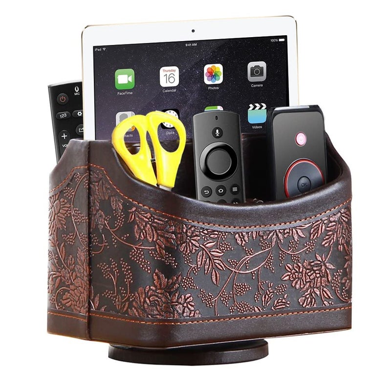 YAPISHI Antique Leather Remote Control Holder, 360 Degree Spinning Desk TV Remote Caddy/Box, Bedside Table Organizer for Controller, Media, Calculator, Mobile Phone and Pen Storage - Image 1
