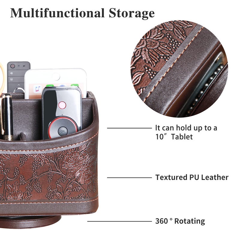 YAPISHI Antique Leather Remote Control Holder, 360 Degree Spinning Desk TV Remote Caddy/Box, Bedside Table Organizer for Controller, Media, Calculator, Mobile Phone and Pen Storage - Image 2