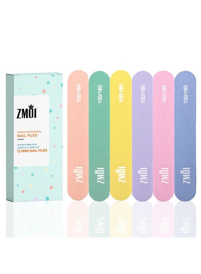 ZMOI Professional Mini Nail File – 12 Stylish - Practical Fingernail File Pack for Natural and Acrylic Nails 100/180 Emery Boards (Macaroon color) - Image 1