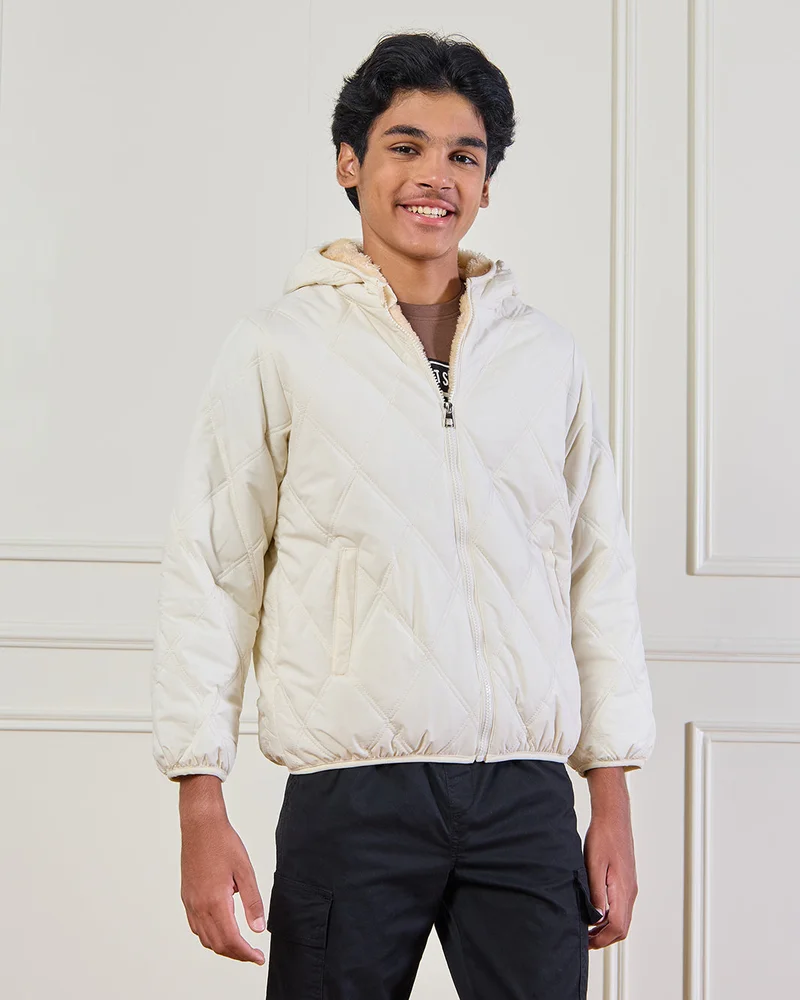 REDTAG Senior Boys Beige Quilted Hooded Jacket