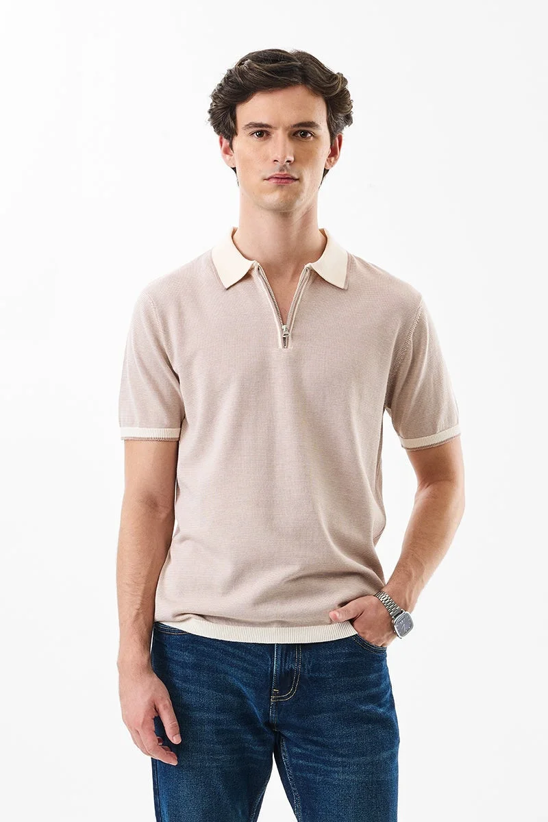 سنيتش Beige Solid Half Sleeve Slim Fit T-Shirt