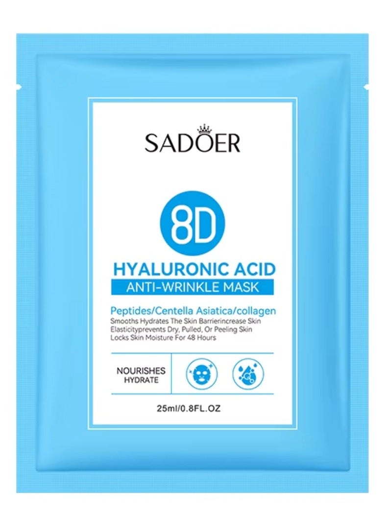 SADOER 10Pcs 8D Hyaluronic Acid Anti Wrinkle Mask Smooth Hydrating Moisturizing Facial Mask with peptides Centella Asiatica Collagen Face Mask for Women and Men All Skin Types Whitens Brightens Skin - Image 1