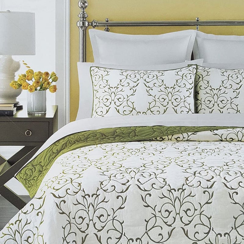 mixinni Reversible 3Piece Green Embroidery Pattern Elegant Cotton Quilt Set with Embroidered Decorative Shams Soft BedspreadCoverlet SetKing Size