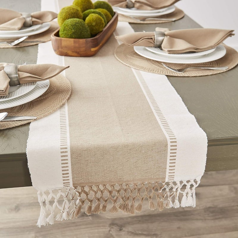 DII Dobby Stripe Woven Table Runner, 13x72 (13x77.5, Fringe Included), Stone - Image 4