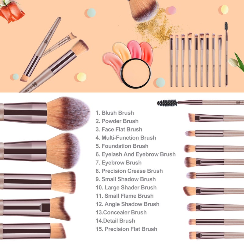 HEYMKGO Makeup Brushes 15PCS Champagne Gold Professional Makeup Brush Set Foundation Brush Blending Powder Blush Concealer Eye Make Up Brush with Bag - Image 4