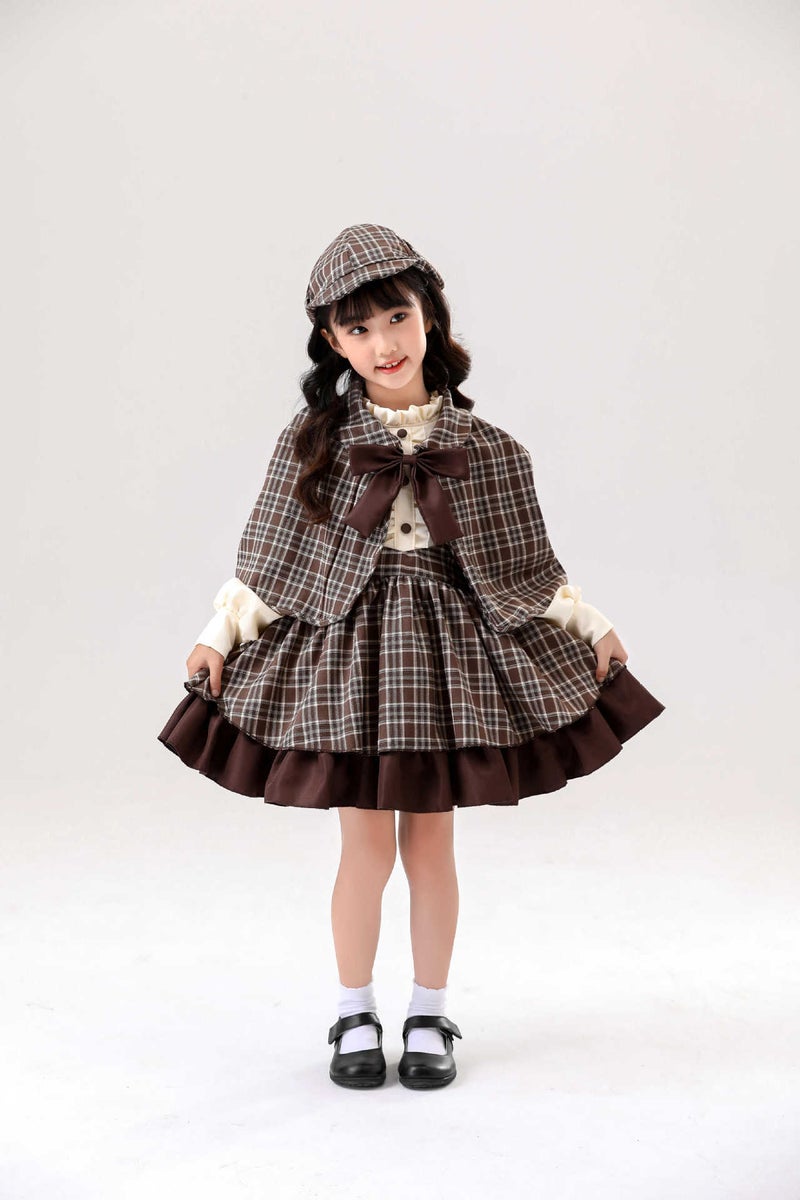 Adult Children Sherlock Holmes Detective cosplay Costume Lolita Dress British Academy Style with Shawl Children (hat coat dress bow)