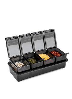 Acrylic Spice Pots Set,4Pcs Black Clear Seasoning Rack | Storage Container with Lids, Spoons,Condiment Jars for Kitchen, Counter, Food Storage