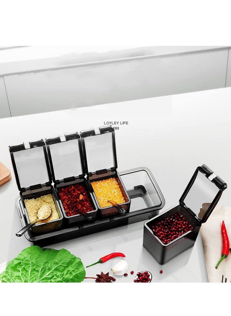 SYOSI - Acrylic Spice Pots Set,4Pcs Black Clear Seasoning Rack | Storage Container with Lids, Spoons,Condiment Jars for Kitchen, Counter, Food Storage - Image 1