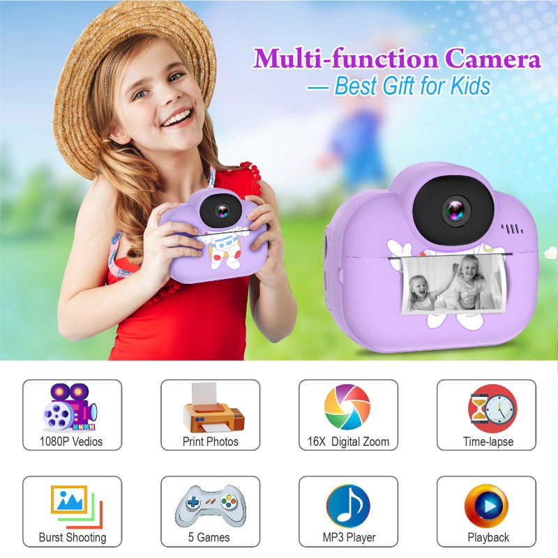 Trayoo Kids Camera Instant Print,Trayoo Kids Digital Camera Instant, Portable Kids Camera Christmas Birthday Girls for 3 4 5 6 7 8 9 10 Year Old (Purple) - Image 2
