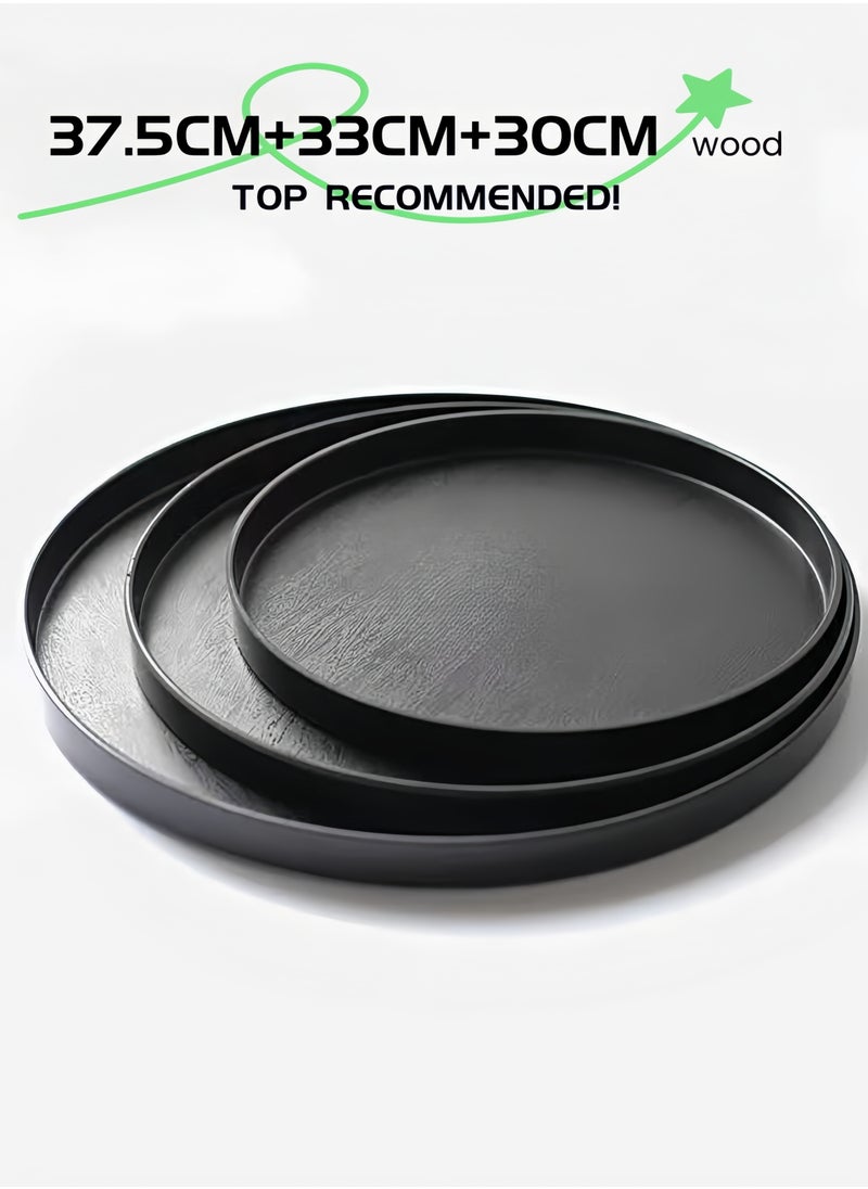 nihao 3 Pcs Handmade Tea Serving Tray Set, Solid Wood Serving Tray, Decorative Serving Trays Platter Round Non-Slip Tea Coffee Snack Pizza Plate Food Meals Serving Tray with Raised Edges for Home Kitchen Restaurant-37.5CM+33CM+30CM,Black  - Image 2