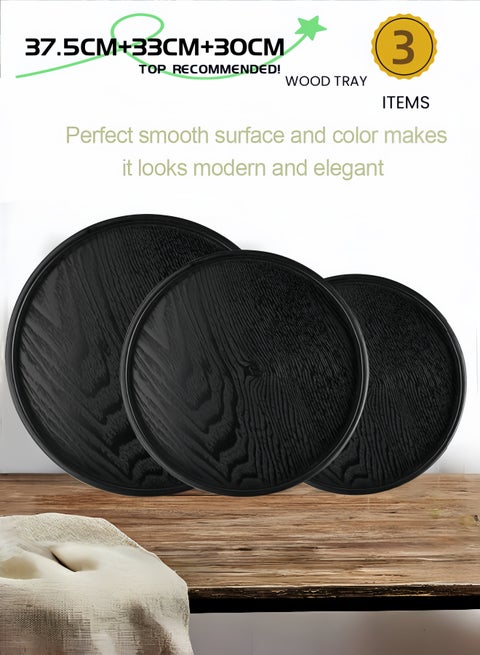 3 Pcs Handmade Tea Serving Tray Set, Solid Wood Serving Tray, Decorative Serving Trays Platter Round Non-Slip Tea Coffee Snack Pizza Plate Food Meals Serving Tray with Raised Edges for Home Kitchen Restaurant-37.5CM+33CM+30CM,Black