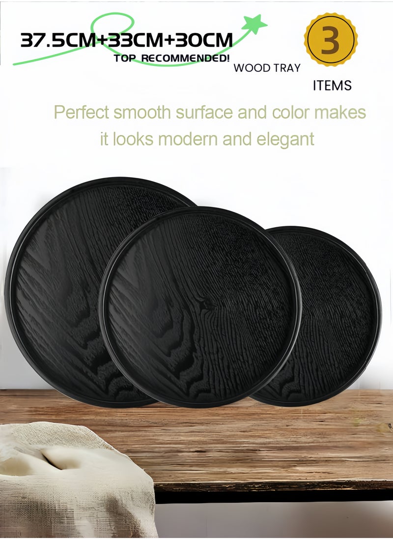 nihao 3 Pcs Handmade Tea Serving Tray Set, Solid Wood Serving Tray, Decorative Serving Trays Platter Round Non-Slip Tea Coffee Snack Pizza Plate Food Meals Serving Tray with Raised Edges for Home Kitchen Restaurant-37.5CM+33CM+30CM,Black  - Image 1