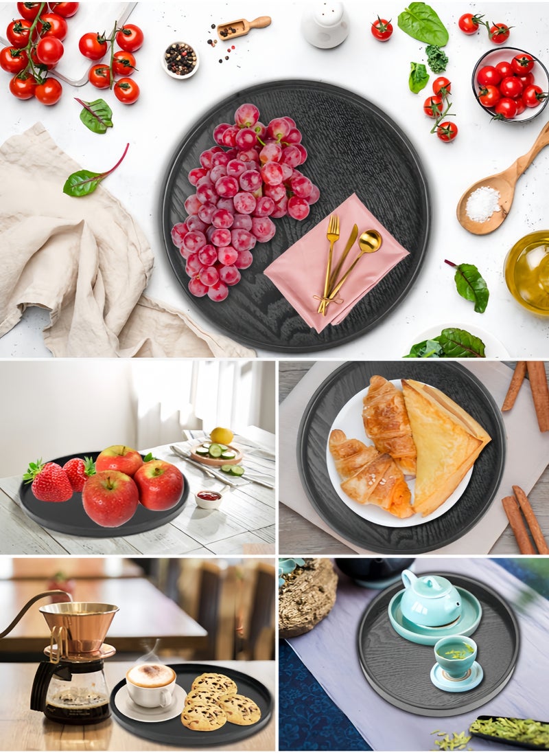 nihao 3 Pcs Handmade Tea Serving Tray Set, Solid Wood Serving Tray, Decorative Serving Trays Platter Round Non-Slip Tea Coffee Snack Pizza Plate Food Meals Serving Tray with Raised Edges for Home Kitchen Restaurant-37.5CM+33CM+30CM,Black  - Image 3