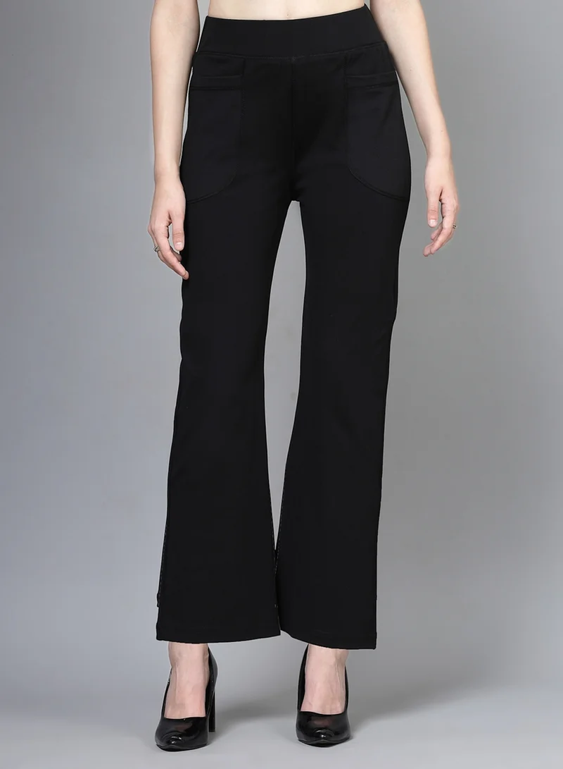 PAUSE PAUSE Women Black Solid High-Rise Flared Pants with Pockets
