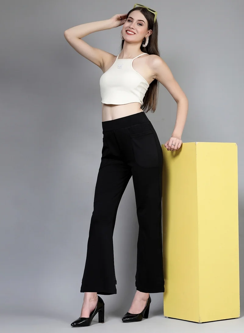 PAUSE PAUSE Women Black Solid High-Rise Flared Pants with Pockets