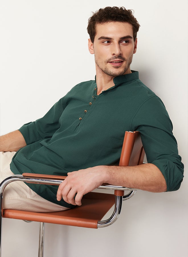 trendyol Dark Green Slim Fit Half Placket Judge Collar 100% Cotton Linen Look Shirt - Image 1