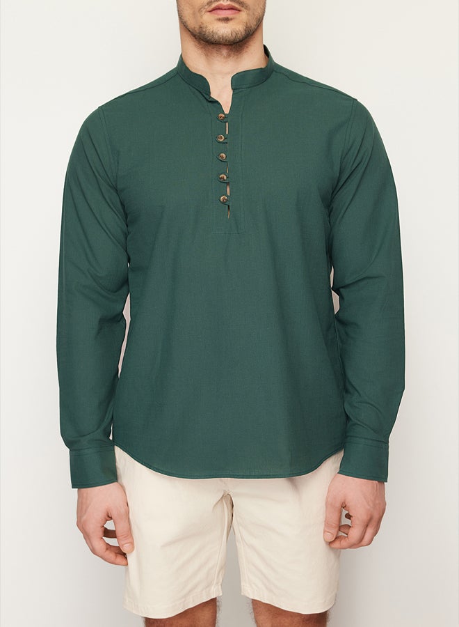 trendyol Dark Green Slim Fit Half Placket Judge Collar 100% Cotton Linen Look Shirt - Image 2