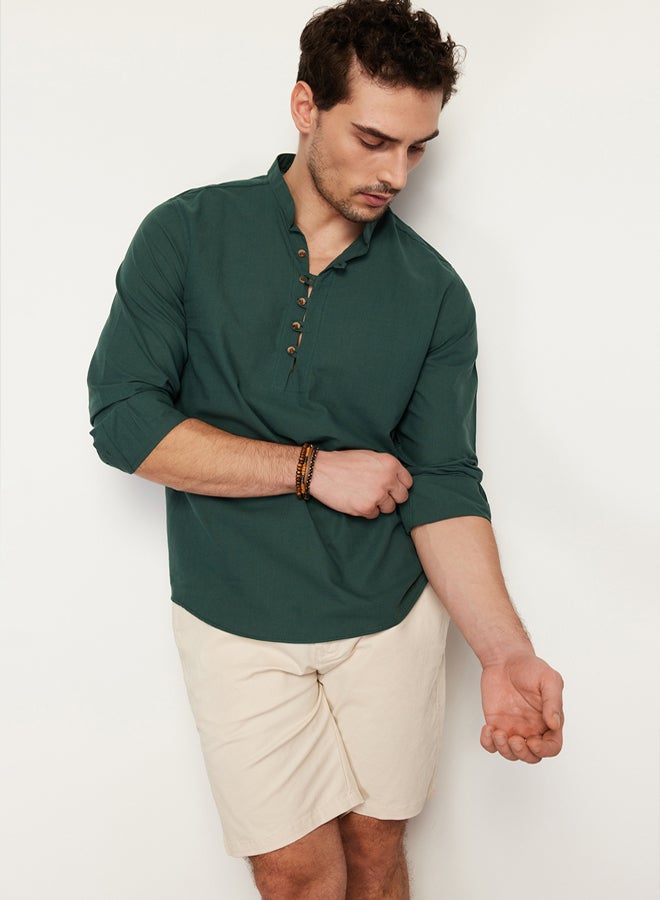 trendyol Dark Green Slim Fit Half Placket Judge Collar 100% Cotton Linen Look Shirt - Image 4