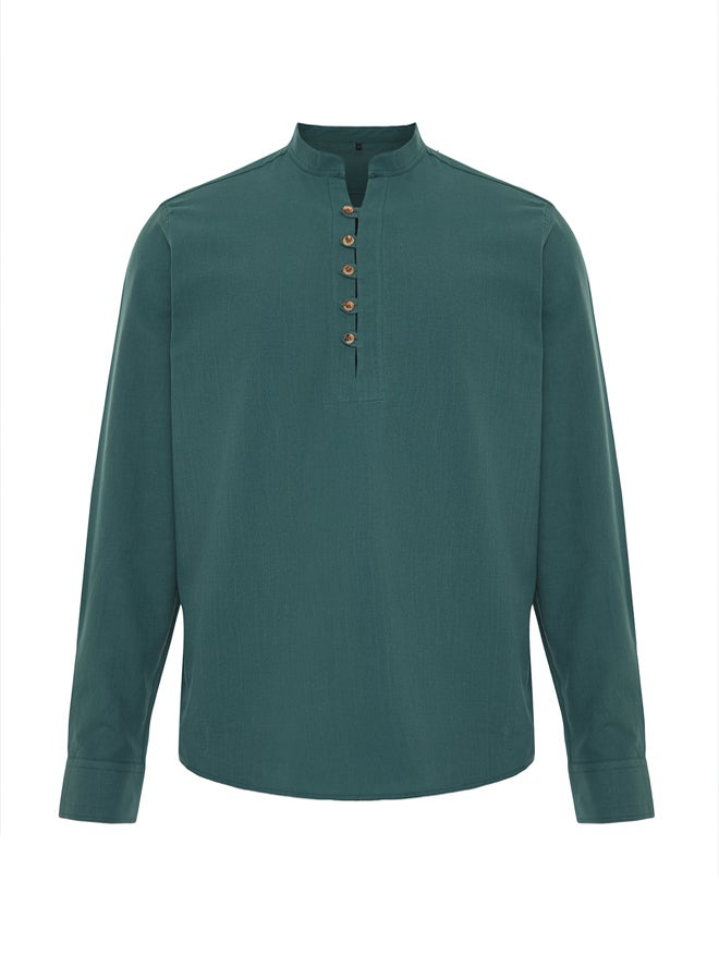 trendyol Dark Green Slim Fit Half Placket Judge Collar 100% Cotton Linen Look Shirt - Image 5