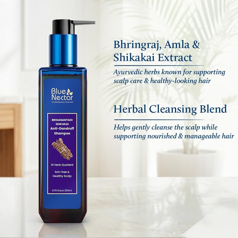 Blue Nectar Anti Dandruff and Healthy Scalp Hair Cleanser Shampoo with Bhringraj, Shikakai, Suitable for Colored Hair, Dry Frizzy Hair | Plant Based Alternate to Salicylic Acid (10 Herbs, 200 ml) - Image 4