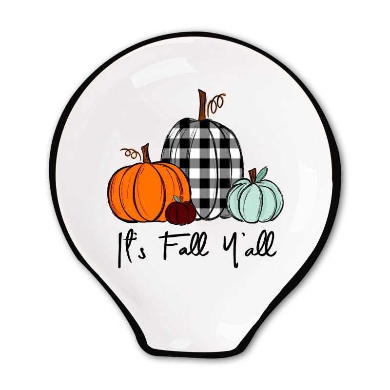 حامل ملعقة خزفي على شكل قرع مزخرف بتصميم مربعات خريفية