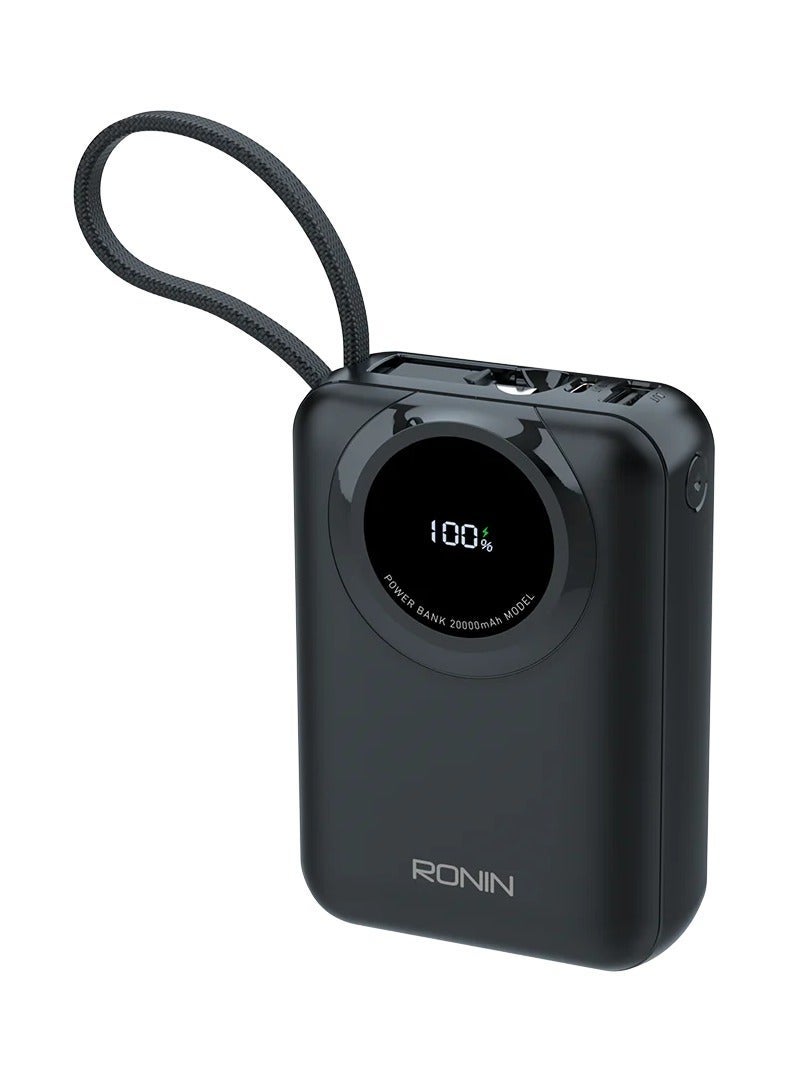 رونين باور بانك رونين زابستر R-4040 سعة 20000 مللي أمبير - كابلات Type-C و Lightning مدمجة - شحن سريع 35 واط - تقنية PD - شاشة رقمية - 4 مخارج - بطارية ليثيوم بوليمر - للايفون والاندرويد والسماعات - أسود - Image 1