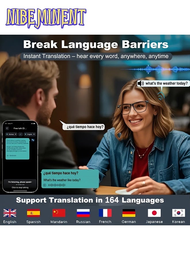 NIBEMINENT AI Smart Glasses, Supports 160 Languages Real-Time Translation, Chat GPT System, New Multifunctional Audio Glasses for Men and Women with Built-in Microphone and Speaker, High Definition Voice Calls and HIFI Music Quality, Music Playback and Hands-Free Calls, Physical Color Changing Lenses, High-Quality, Suitable for Comfortable Cycling, Safe Driving, Fun Fishing, Casual Travel, and Everyday Office Wear, Holiday Gift - Image 3