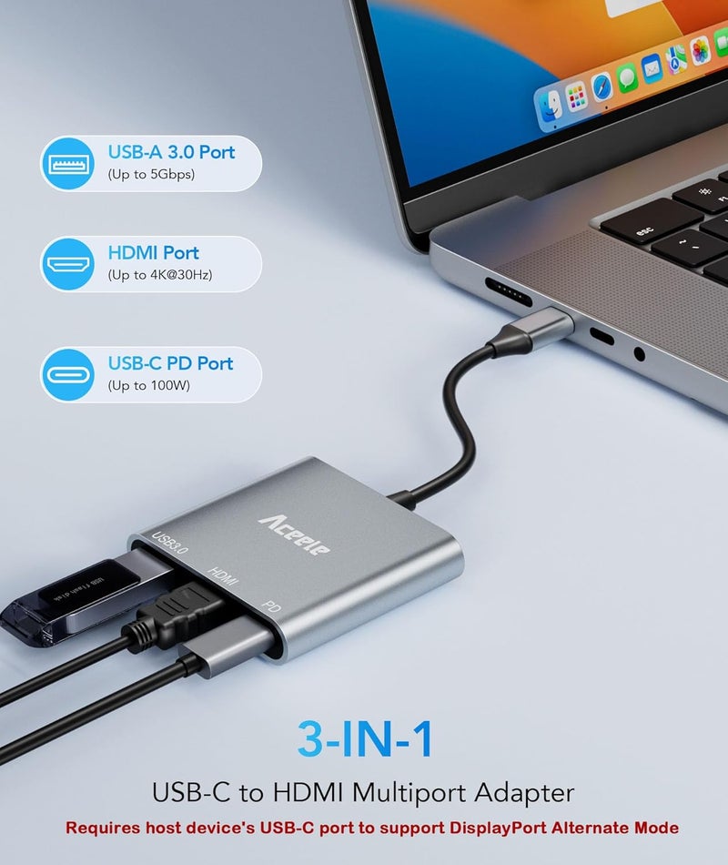 Aceele USB C to HDMI Adapter, USB C Hub with 100W PD 2.0, USB-A 3.0 Data Port, 4K HDMI Output Port, Type C Multiport AV Converter for MacBook Pro/Air, iPad, Tablets, Switch, TV, Monitor and More - Image 2
