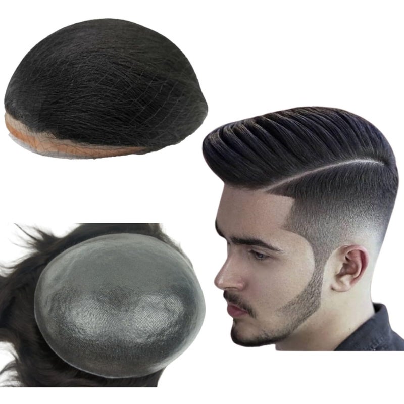 PU Skin Toupee For Men Hair Pieces 10x8" Men Toupee Human Hair Replacement System for Men 0.04mm Think Skin Hair Prosthesis Men Hair Patch Units Implant for Men Natural Hair Pieces (#1 Jet Black)