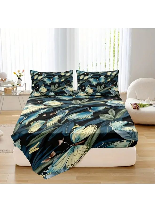 Thickened Soft Butterfly Bed Sheet Set With Fitted Sheet Pillowcases Dark Green - Image 1