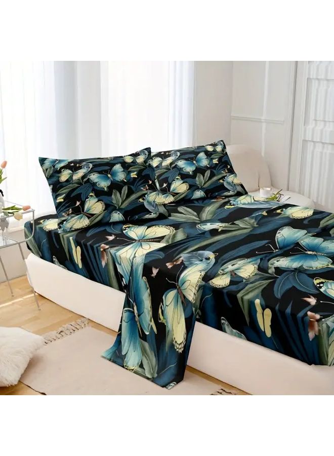 Thickened Soft Butterfly Bed Sheet Set With Fitted Sheet Pillowcases Dark Green - Image 2