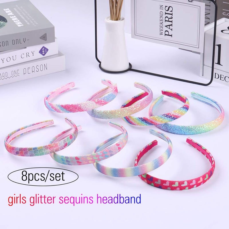 WANYU Rainbow Headbands 8 Pcs Sweet Hairband Children Head Bands For Girls Sequin Printed Heart Mermaid Headband Kids Hair Piece - Image 2