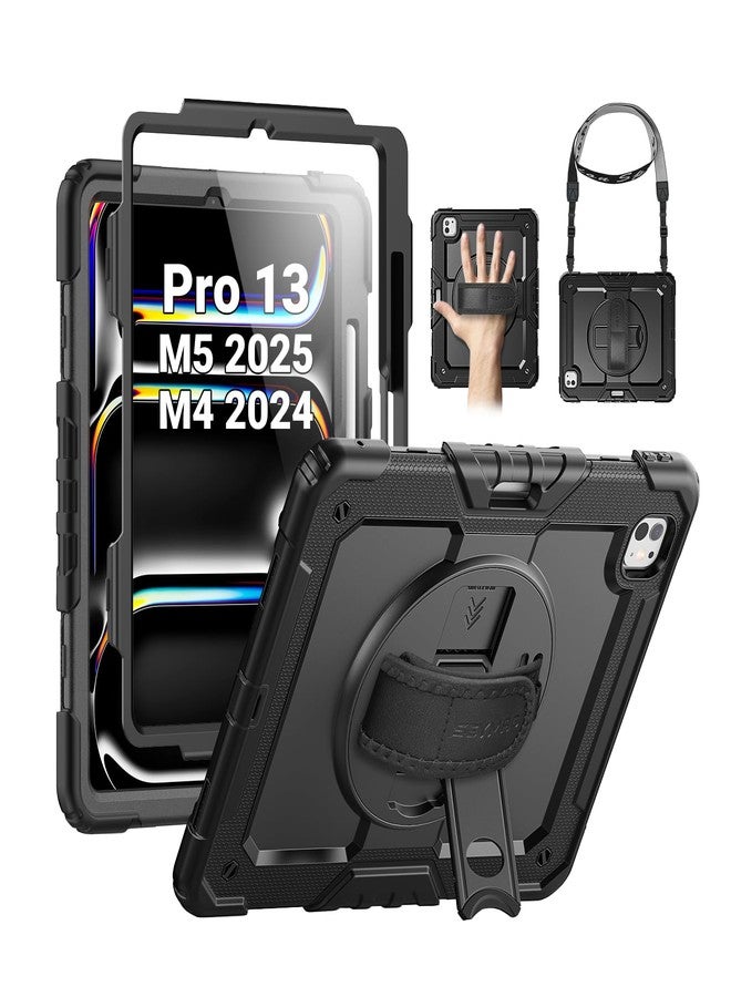 SEYMAC جراب SEYMAC لجهاز iPad Pro مقاس 13 بوصة طراز M5 2025 / M4 2024، جراب واقٍ متين مقاوم للصدمات مع واقي شاشة، وحامل دوار 360 درجة، وحزام لليد/الكتف، وحامل قلم، أسود - Image 1