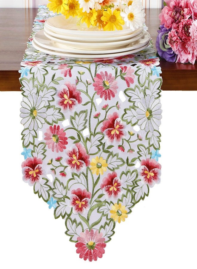 GRANDDECO مفرش طاولة مزين بزهور الربيع، مفارش طاولة مطرزة بنقوش زهرية، مفرش طاولة مزخرف بنقوش زهرية، ديكور طاولة منزلي للمطبخ وغرفة الطعام، مناسب لفصلي الربيع والصيف (مفرش طاولة 13 بوصة × 36 بوصة، زهور البانسيه الوردية) - Image 1