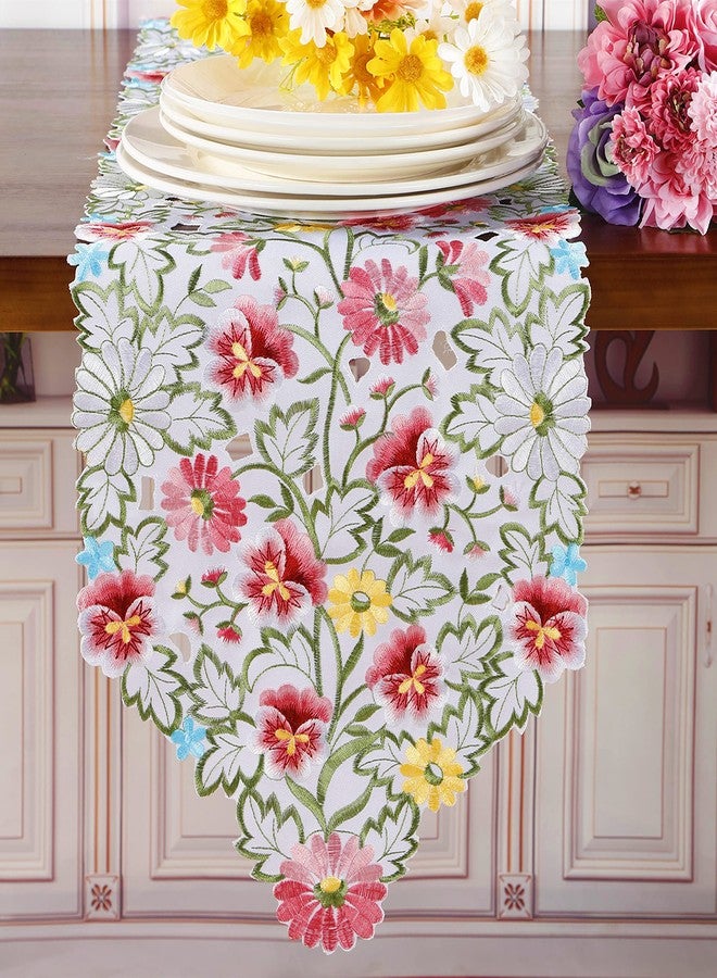 GRANDDECO مفرش طاولة مزين بزهور الربيع، مفارش طاولة مطرزة بنقوش زهرية، مفرش طاولة مزخرف بنقوش زهرية، ديكور طاولة منزلي للمطبخ وغرفة الطعام، مناسب لفصلي الربيع والصيف (مفرش طاولة 13 بوصة × 36 بوصة، زهور البانسيه الوردية) - Image 2
