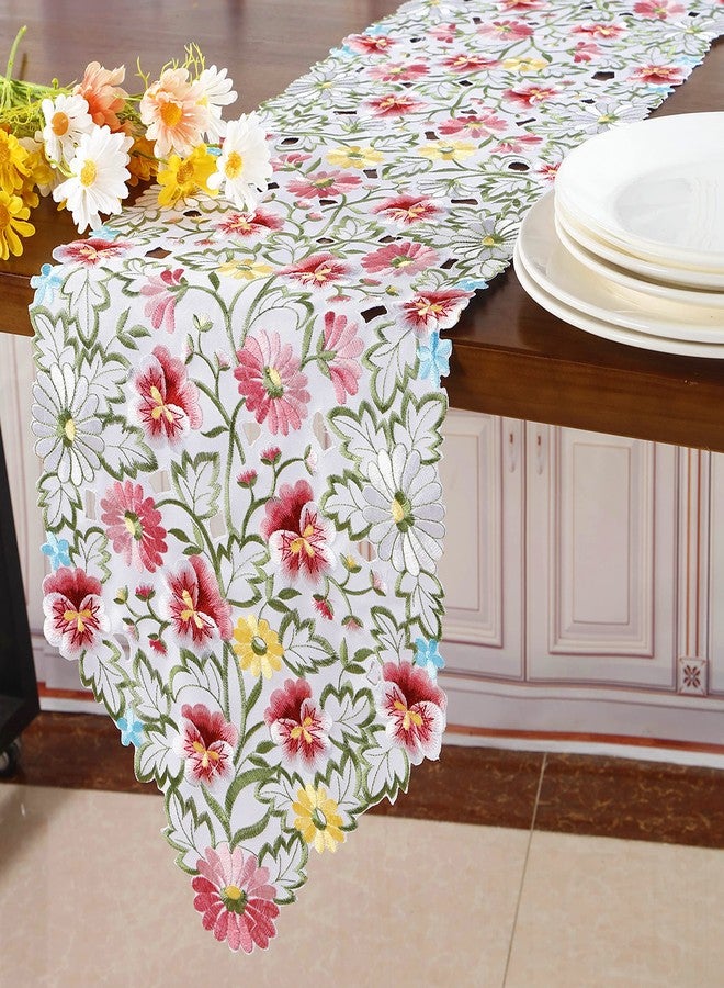 GRANDDECO مفرش طاولة مزين بزهور الربيع، مفارش طاولة مطرزة بنقوش زهرية، مفرش طاولة مزخرف بنقوش زهرية، ديكور طاولة منزلي للمطبخ وغرفة الطعام، مناسب لفصلي الربيع والصيف (مفرش طاولة 13 بوصة × 36 بوصة، زهور البانسيه الوردية) - Image 3