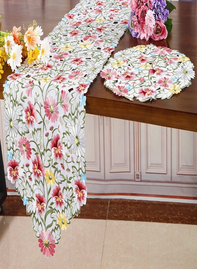 GRANDDECO مفرش طاولة مزين بزهور الربيع، مفارش طاولة مطرزة بنقوش زهرية، مفرش طاولة مزخرف بنقوش زهرية، ديكور طاولة منزلي للمطبخ وغرفة الطعام، مناسب لفصلي الربيع والصيف (مفرش طاولة 13 بوصة × 36 بوصة، زهور البانسيه الوردية) - Image 4