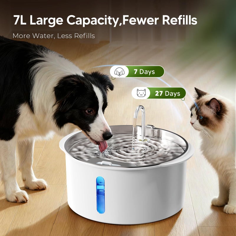 Pektaco Dog Water Fountain for Large Dogs, 1.8Gal/7L Pet Water Fountain, Dog Water Bowl Dispenser with Viewing Window & LED, Super Quiet, Stainless Steel Tray Easy Clean BPA-Free - Image 2